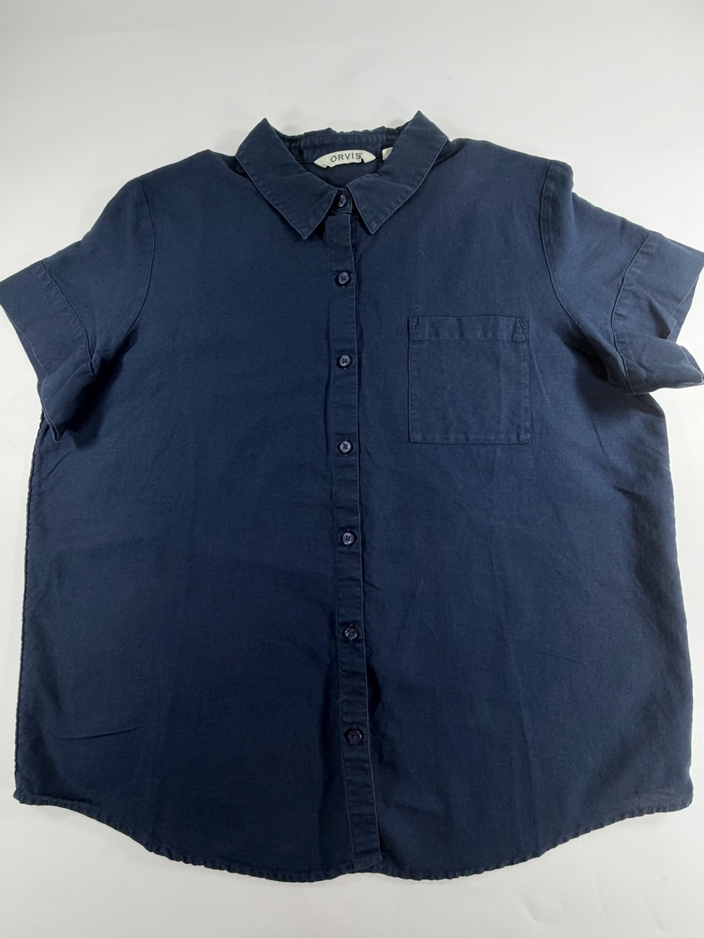 Orvis Coastal Linen Blend Short Sleeve Button Up Shirt Navy Blue Mens Large